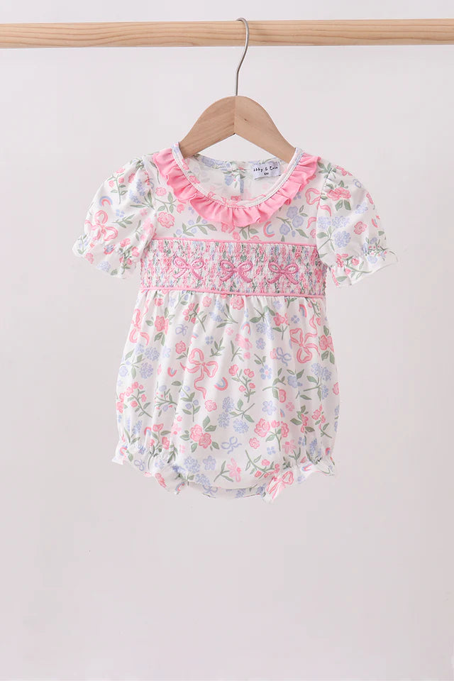 Pink floral bow smocked ruffle bubble