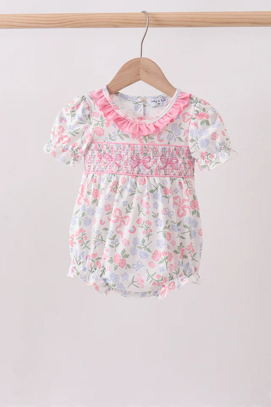 Pink floral bow smocked ruffle bubble