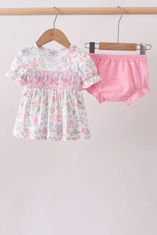 PRESALE - Pink floral bow smocked ruffle bloomer set - ETA 8/20/26