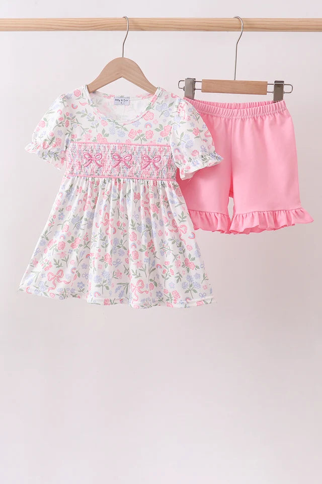 PRESALE -  Pink floral bow smocked ruffle shorts set  - ELA 8/20/26