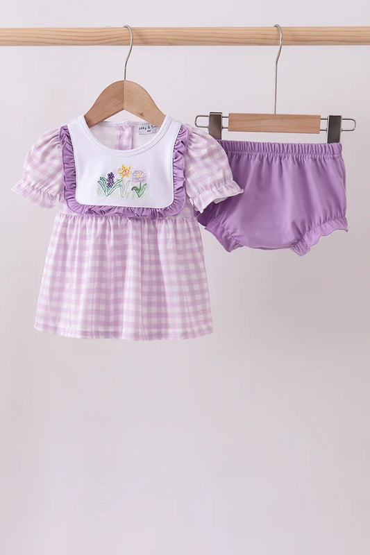 PRESALE- Purple Floral Embroidered Gingham Bloomer Set (ETA: 8/20/26)