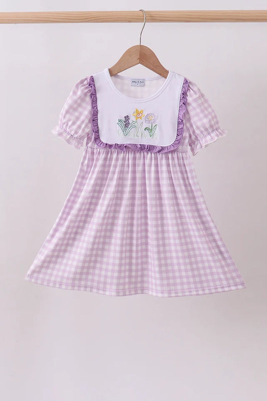 PRESALE - Purple floral embroidery gingham ruffle dress - ETA 8/20/26