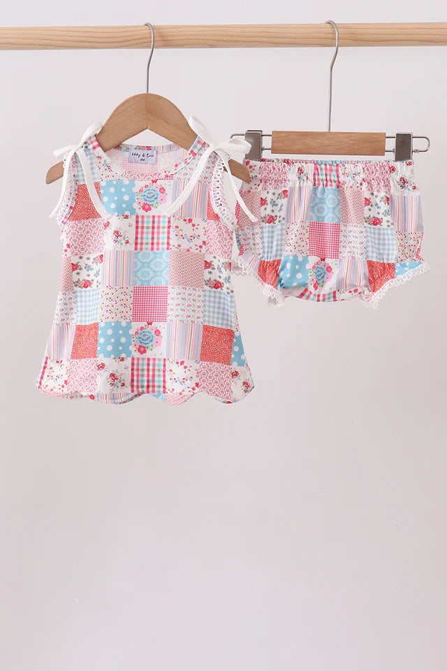 Pink floral patchwork scalloped bloomer set