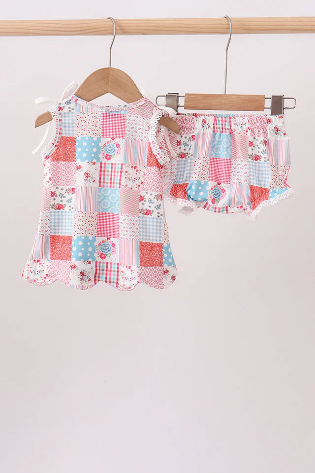 Pink floral patchwork scalloped bloomer set