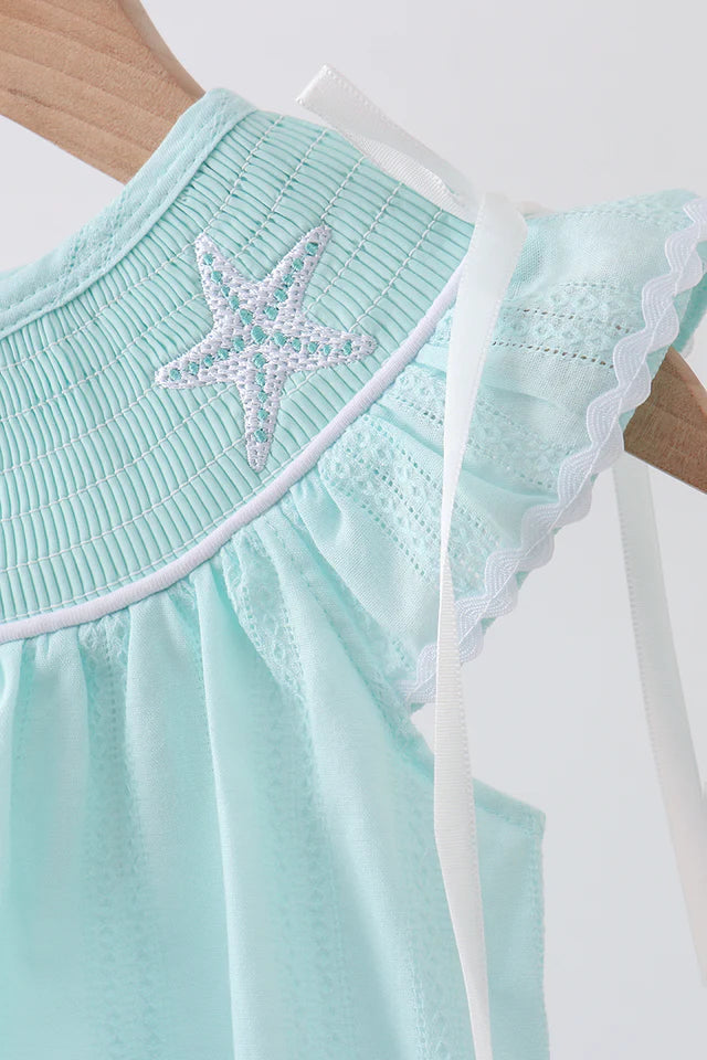 Blue Starfish smocked jacquard ruffle bubble