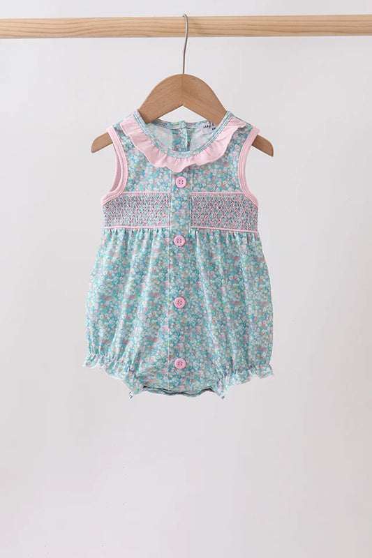 Green Floral Smocked Bubble