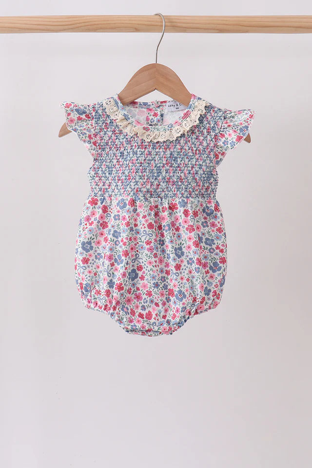Blue Floral Smocked Ruffle Bubble (ETA: 7/8/26)
