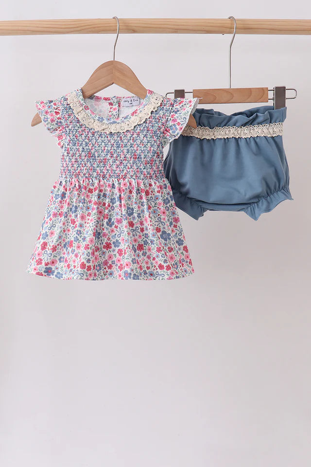 Blue Floral Smocked Ruffle Bloomer Set (ETA 7/8/26)