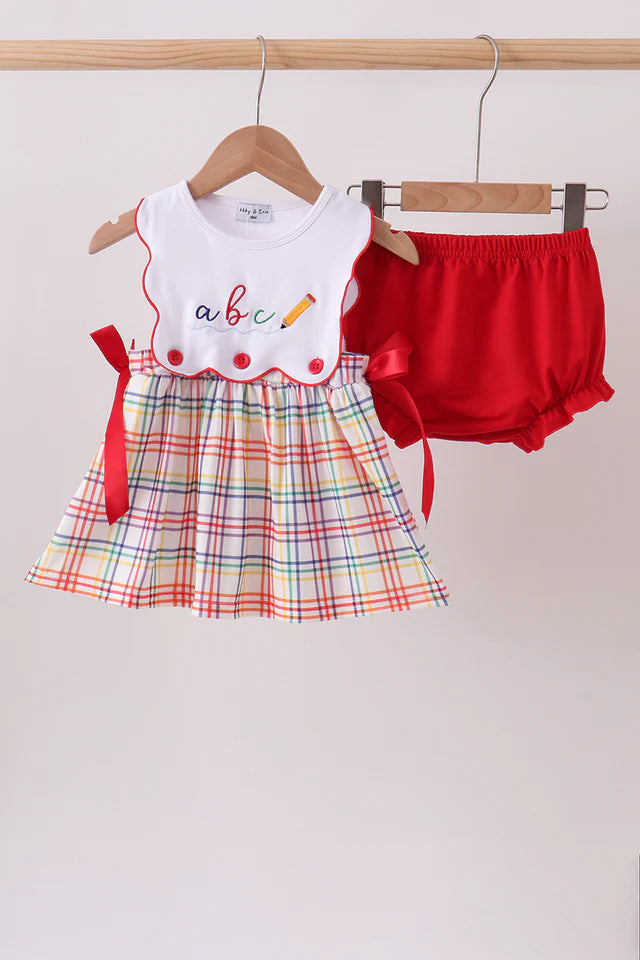 Red ABC Embroidered Plaid Bloomer Set