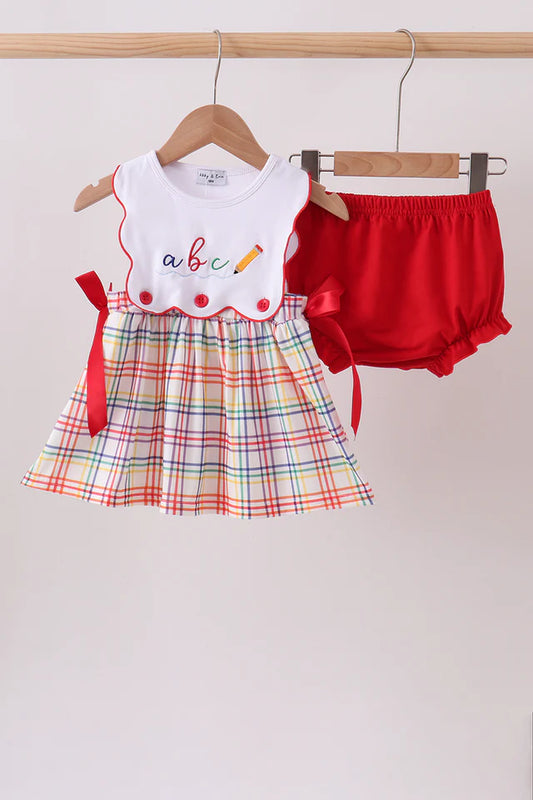 Red ABC Embroidered Plaid Bloomer Set