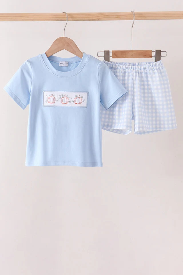 Blue Pumpkin Embroidery Gingham Shorts Set (ETA: 9/4/26)