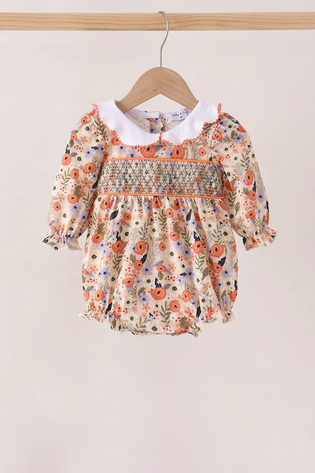 Coral floral smocked bubble
