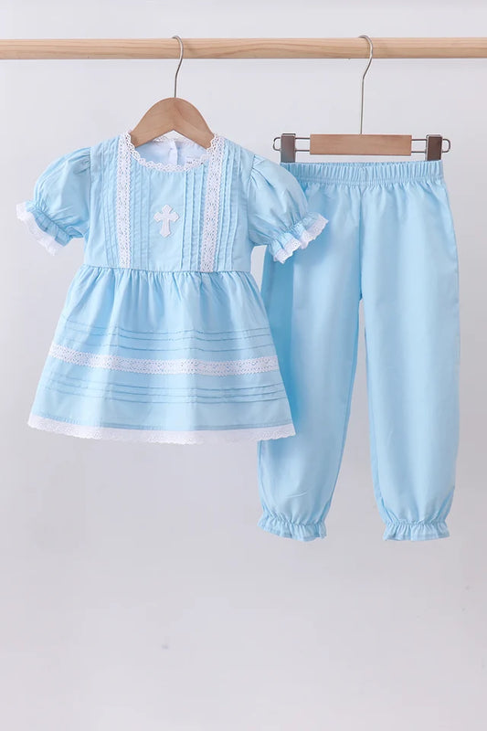PRESALE - Blue cross embroidery lace pants set - ETA 8/20/26