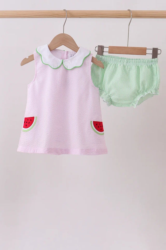 PRESALE - Pink stripe watermelon embroidery seersucker bloomer set - ETA 8/20/26