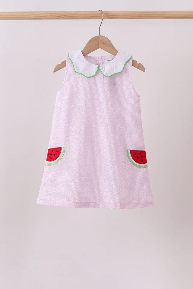 PRESALE- Pink stripe watermelon embroidery seersucker dress - ETA 8/20/26