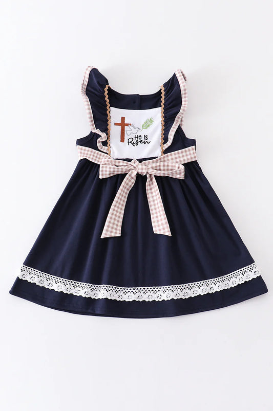 Navy He is Risen Embroidery Dress