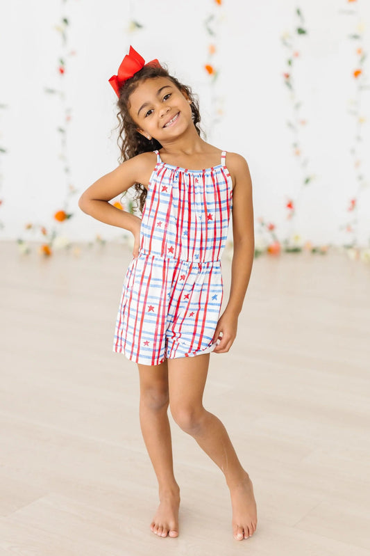 Patriotic Plaid Strappy Play Romper (PRESALE: arriving by 5/15/25)