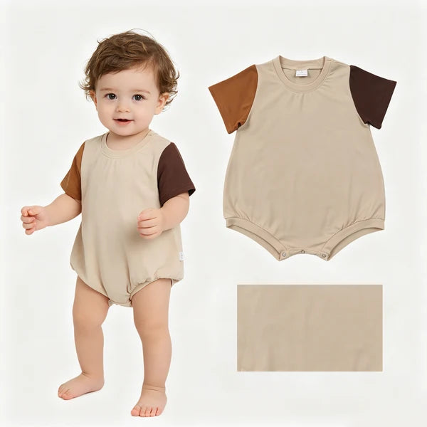Khaki Brown Patchwork Short Sleeve Romper
