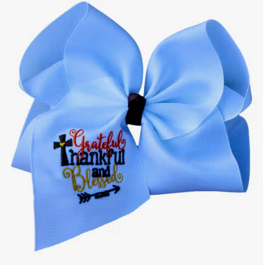 Grateful Thankful & Blessed Embroidered Bow (white)