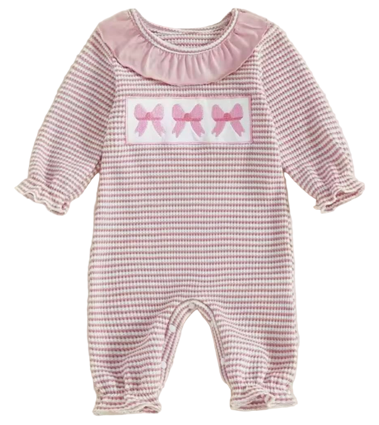Pink Striped Bow / Ruffled Detail Pink Romper