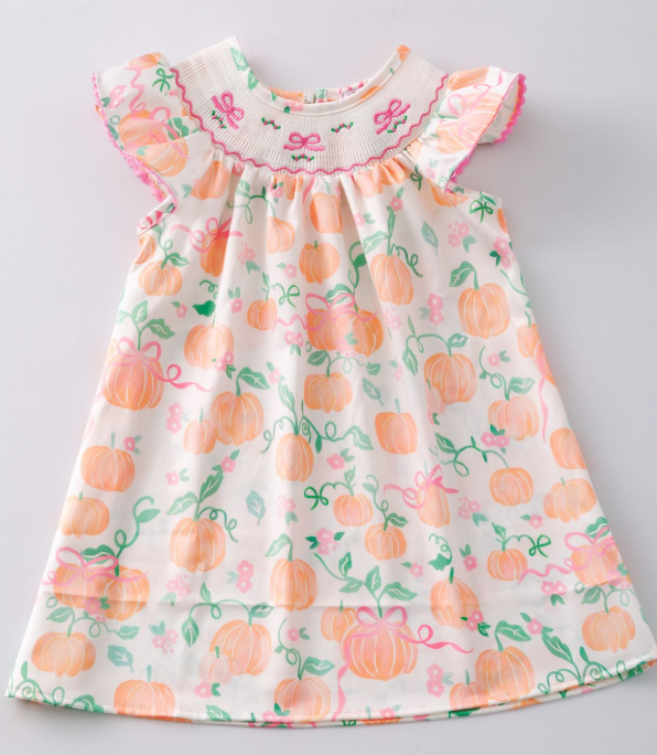 Peachy Pumpkin Smocked Girls Dress