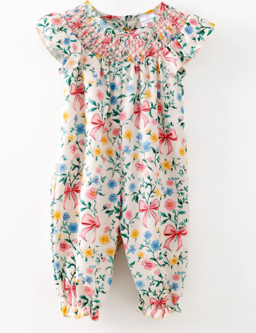 Bow Garden Smocked Baby Romper