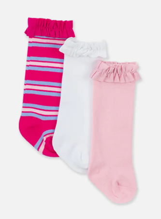 Very Berry & Periwinkle Stripe, Pink, and White 3-Pack Knee High Ruffle Socks