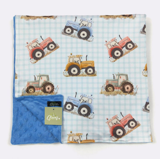 Blue GIngham Tractor Minky Blanket