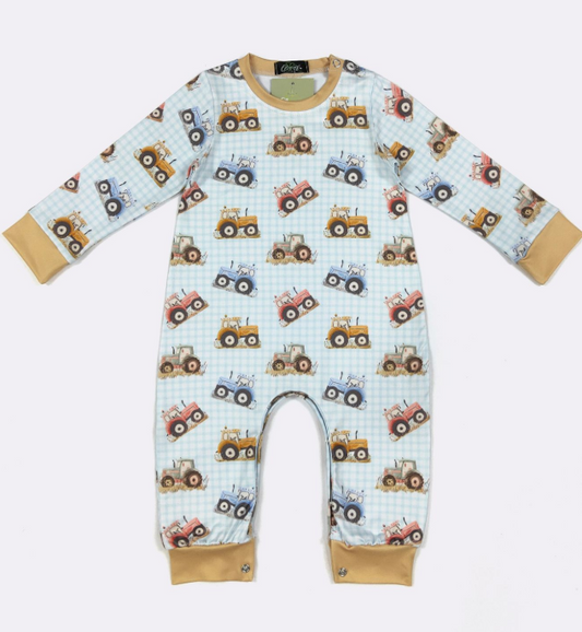 Blue Gingham Tractor Boy Romper