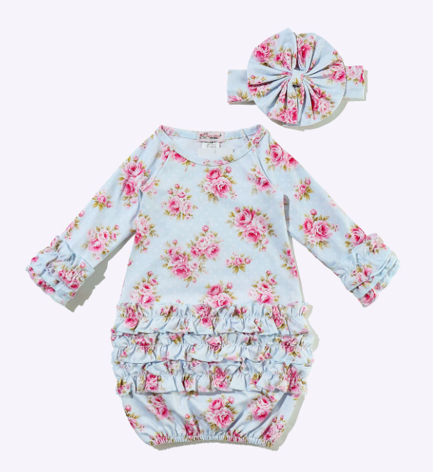 Pale Blue Dot Rose Baby Gown