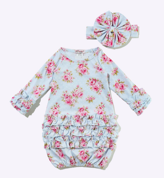 Pale Blue Dot Rose Baby Gown