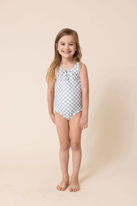 GREEN PLAID TIE ONE PIECE GIRL SWIMSUIT