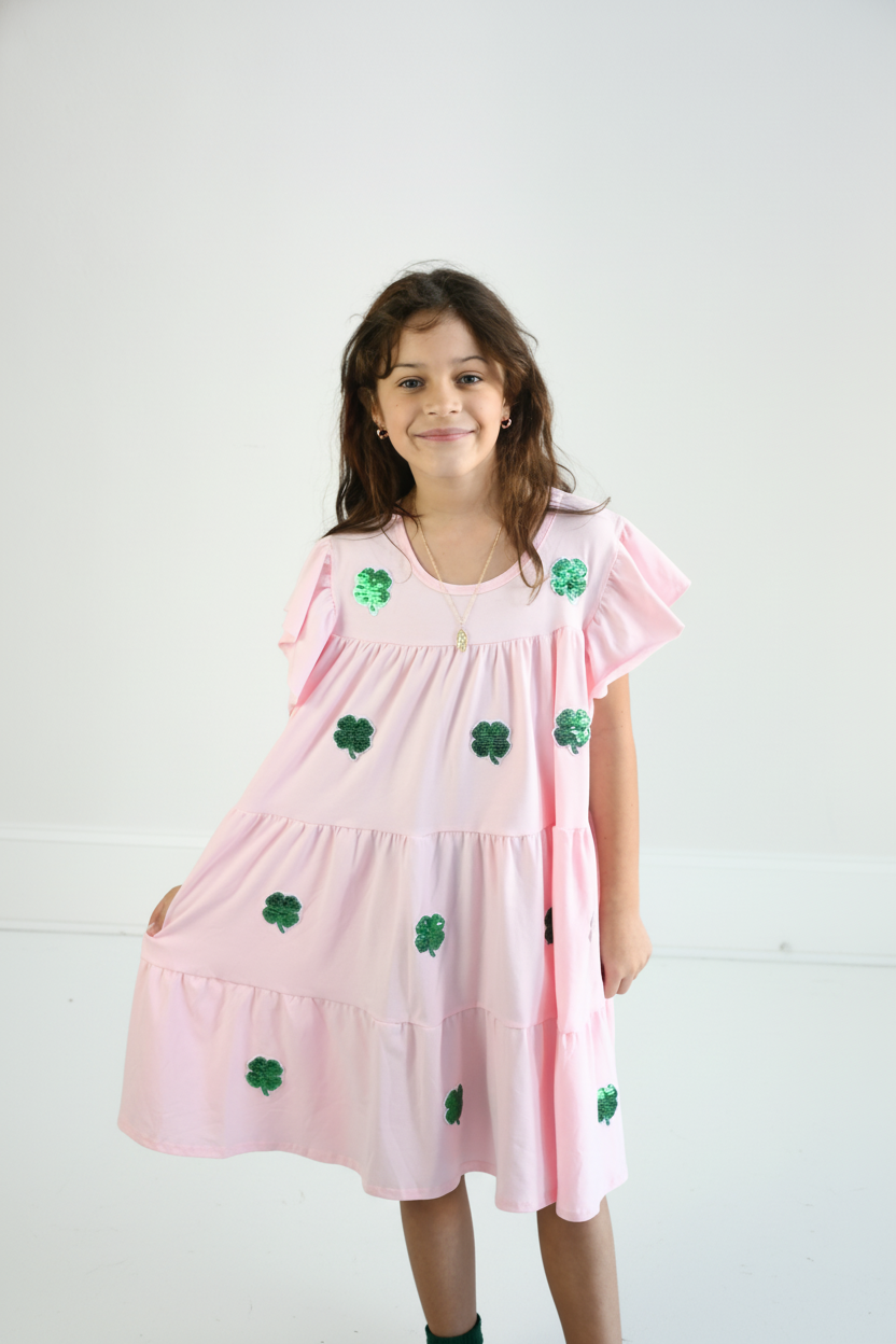 Pink clover sequin ruffle tiered dress
