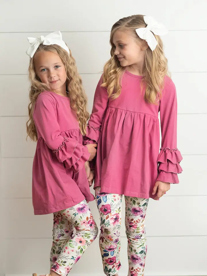 Kids Plum Floral 3 Ruffles Shirt & Leggings Set