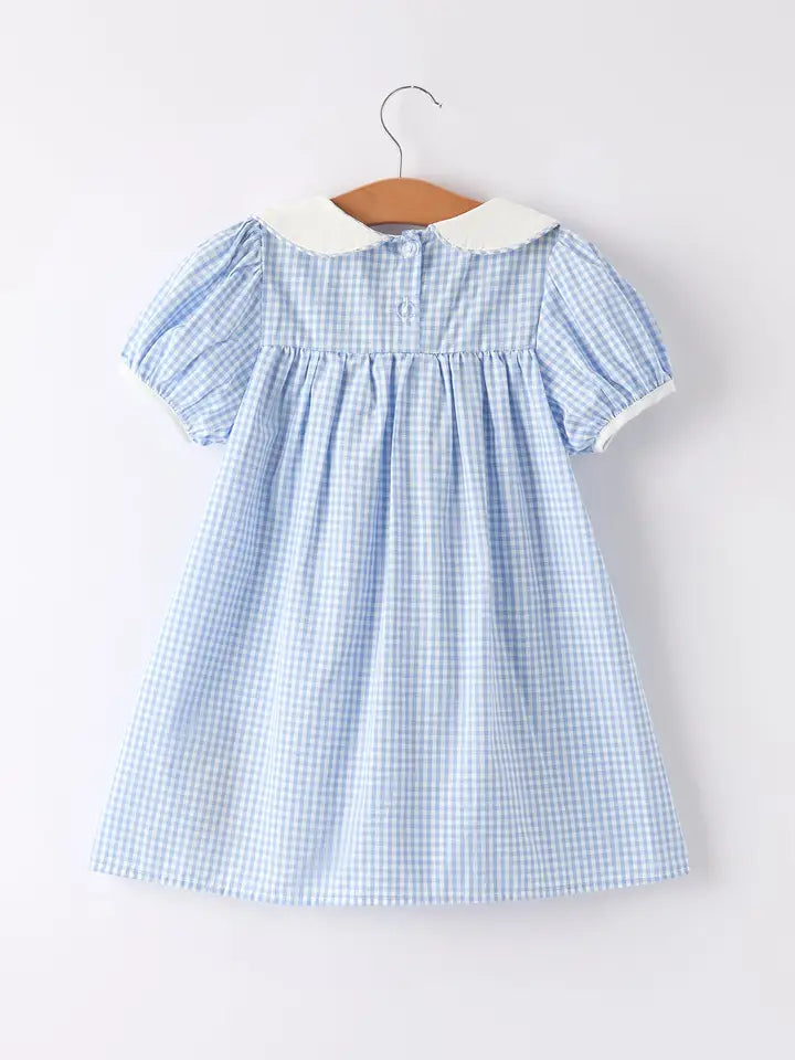 Blue Rabbit Embroidery Plaid Baby Collar Dress