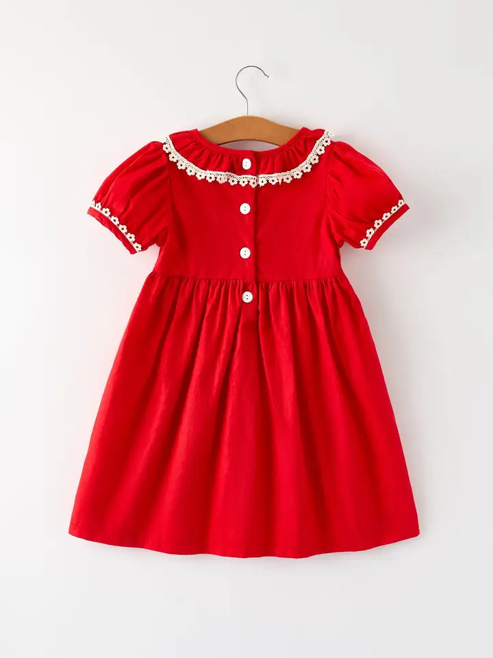 Red Cross Embroidery Dress with Lace Trim