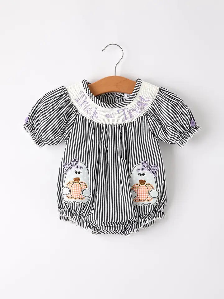 Halloween Striped "Trick or Treat" Smock Embroidered Baby Girl Romper