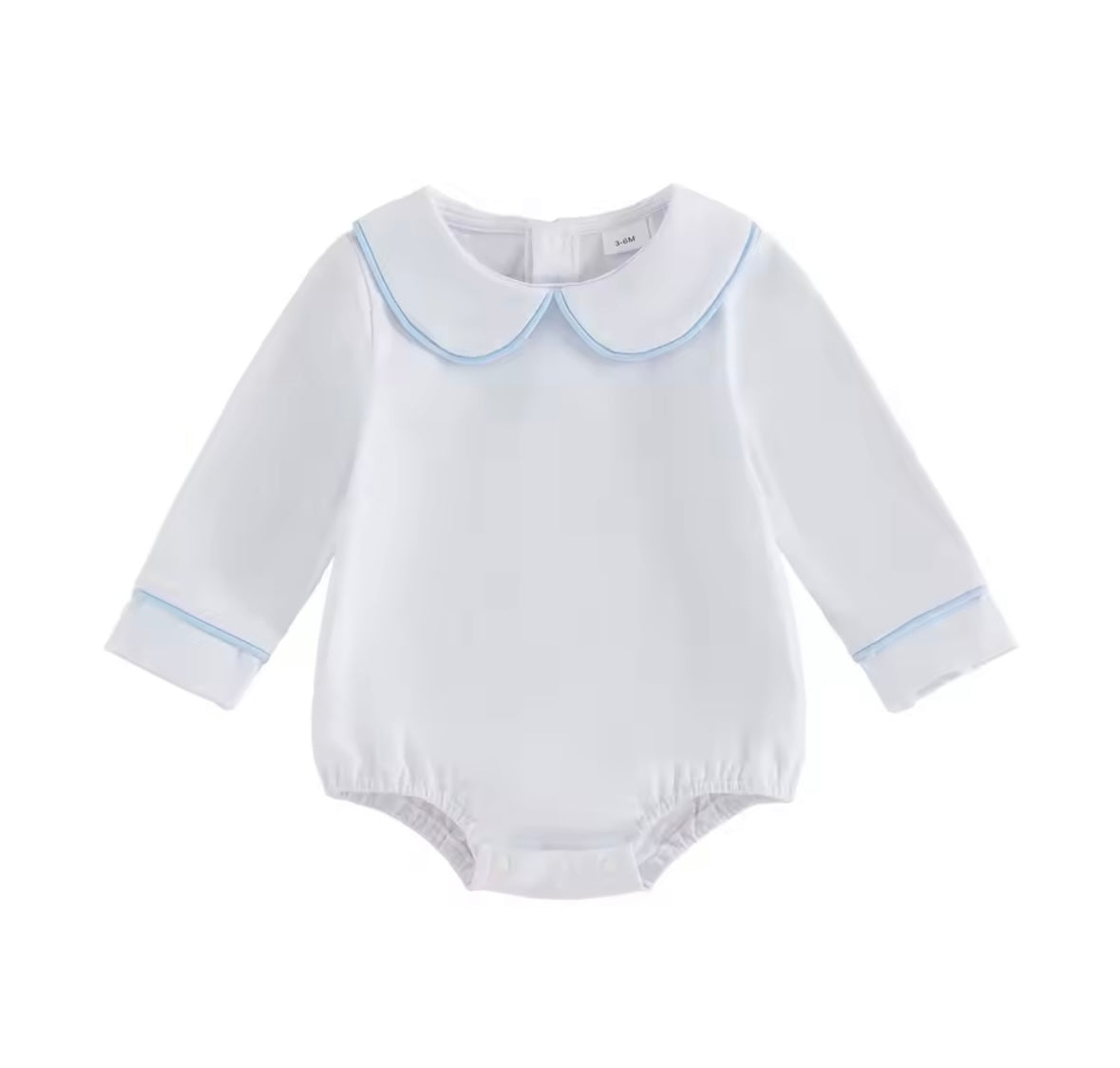 White Shirt Collar Romper w/Blue Trim