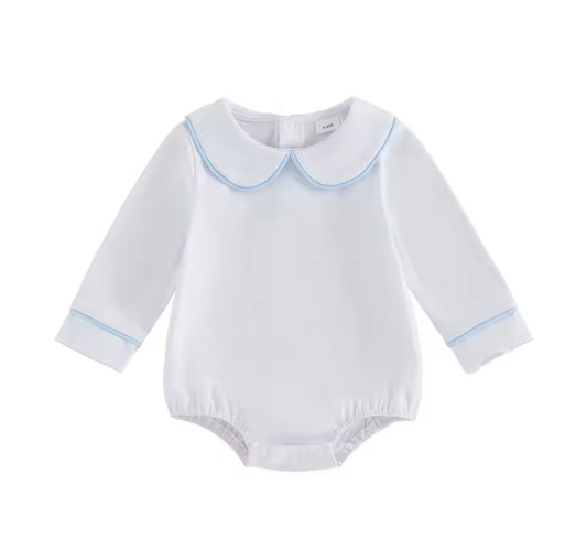 White Shirt Collar Romper w/Blue Trim
