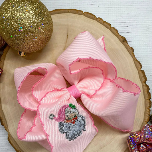 Pink Santa Embroidered Hair Bow