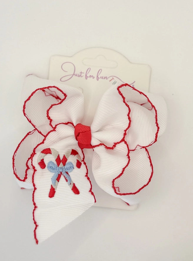 Candy Cane Moonstitch Hair Bow 5.5"