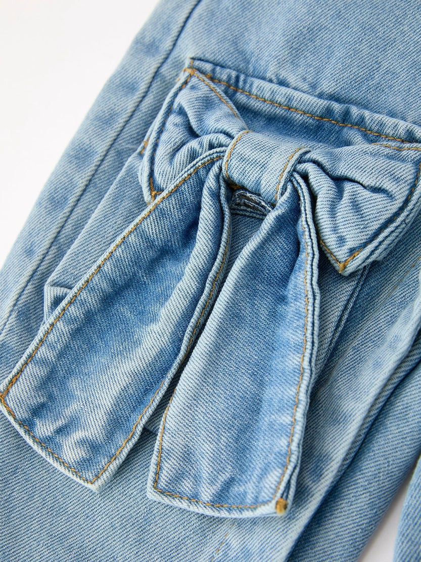 (PREORDER) Bow Denim Girl Overalls Wide Leg Jumpsuit (Arrival End of July)