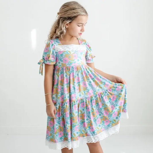 Kids Vintage Floral & Lace Tiered Square Neck Spring Dress