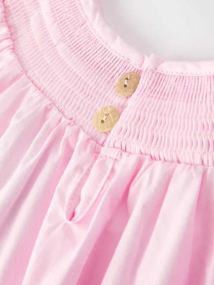 Bow Smocking Embroidered Pastel Pink Dress
