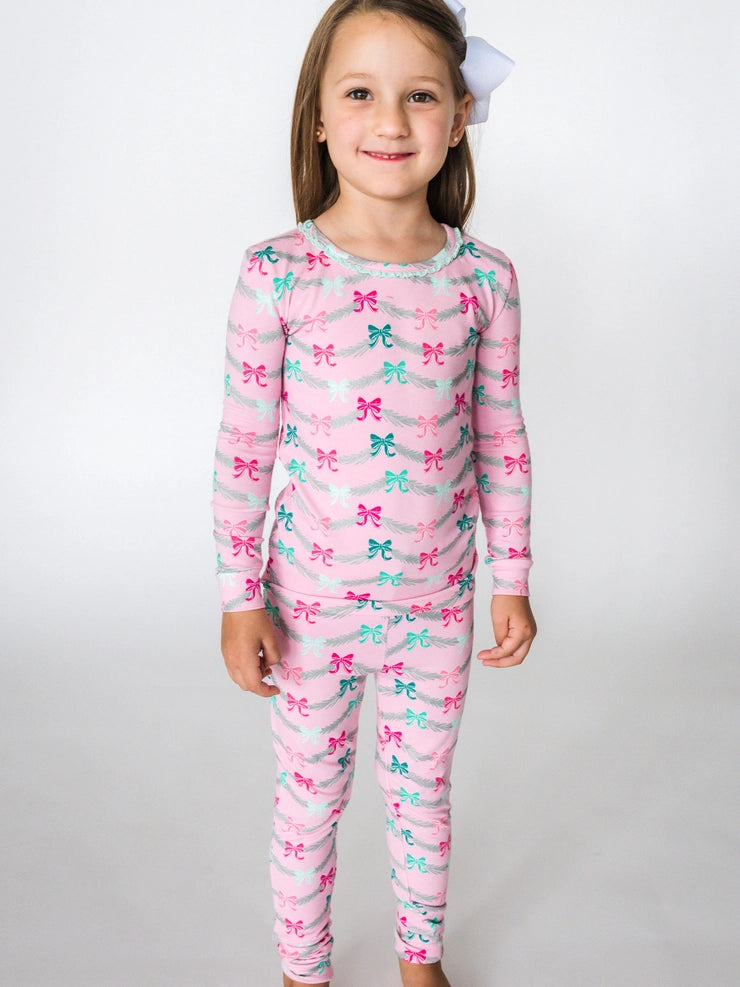 Softsnooze™ Toddler Girls Cotton Modal Sparkle Pink Tinsel Tidings Ruffle Long Sleeve Pajama Set with Signature Rear Ruffles