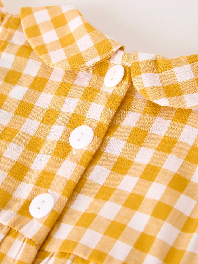 Thanksgiving Yellow Plaid Turkey Pumpkin Embroidery Romper (ETA: mid to late July)