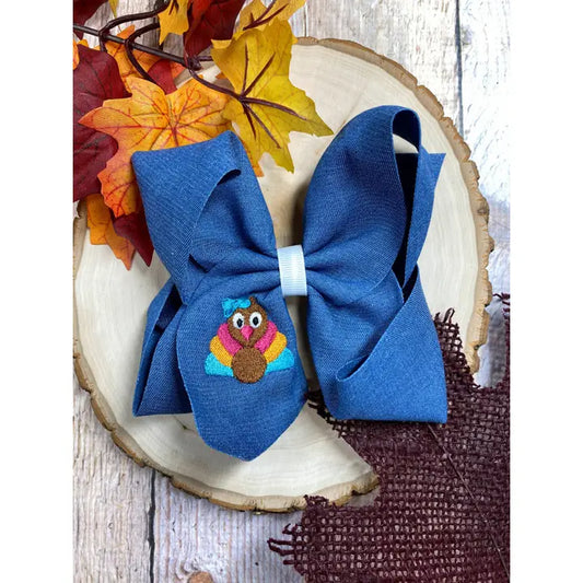 Turkey Embroidery On Denim Hair Bow
