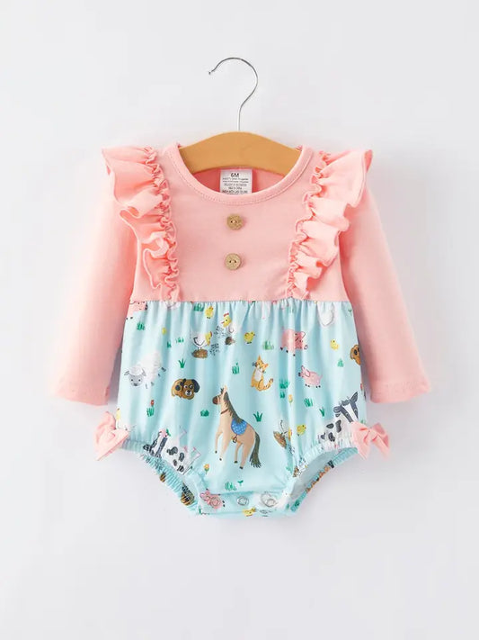Farm Girl Ruffle Print Pink Romper