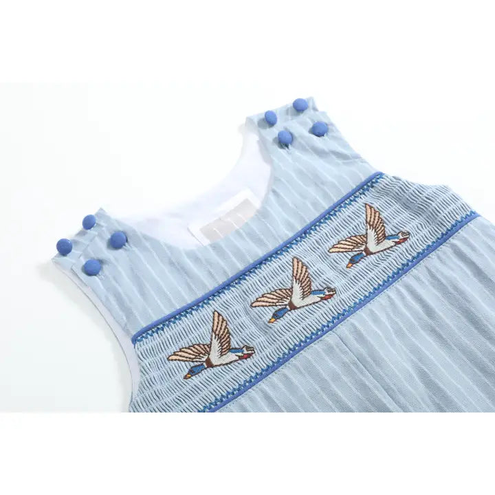 Blue Pinstripe Mallard Duck Smocked Overalls