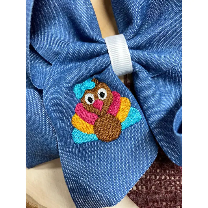 Turkey Embroidery On Denim Bow Headband